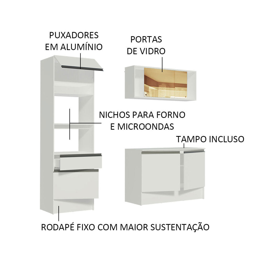 Armário de Cozinha Compacta  com Balcão e Tampo Branco Diamante Pop Madesa