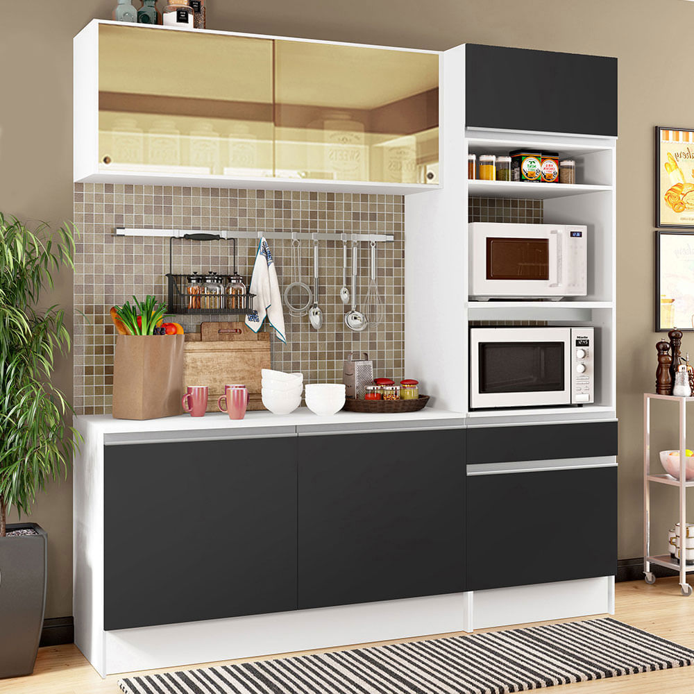 Cozinha Compacta Madesa Diamante Pop com Armário, Balcão e Tampo Branco/Preto - Branco/Preto