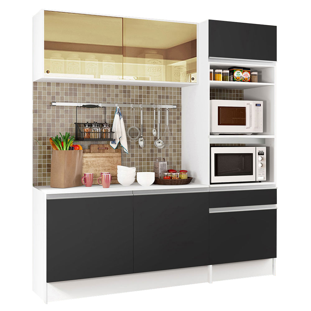 Cozinha Compacta Madesa Diamante Pop com Armário, Balcão e Tampo Branco/Preto - Branco/Preto