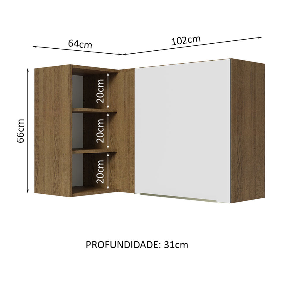 Armário Aéreo de Canto com Adega Acoplada Madesa Lux 1 Porta Rustic/Branco Veludo - Rustic/Branco Veludo