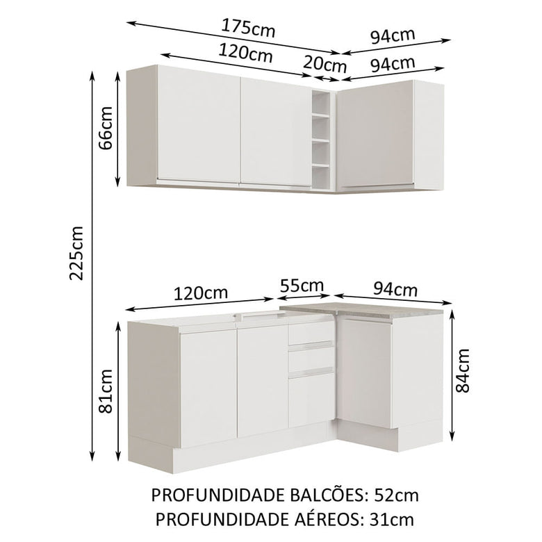 Armário de Cozinha Compacta de Canto 269cm Branco Glamy Madesa 01