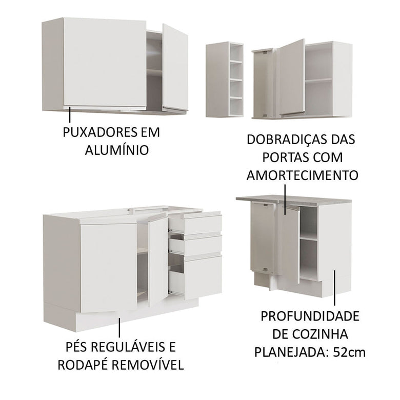 Armário de Cozinha Compacta de Canto 269cm Branco Glamy Madesa 01