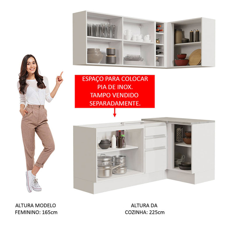 Armário de Cozinha Compacta de Canto 269cm Branco Glamy Madesa 01