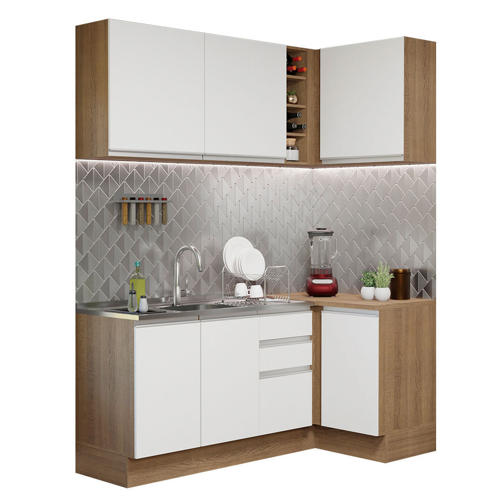 Armário de Cozinha Compacta de Canto 269cm Rustic/Branco Glamy Madesa 01 - Rustic/Branco
