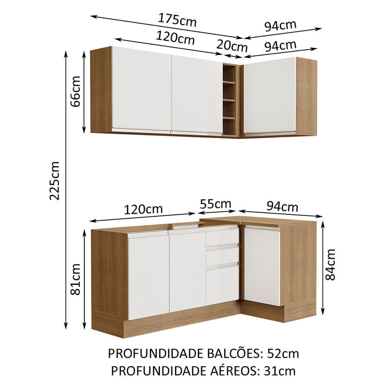 Armário de Cozinha Compacta de Canto 269cm Rustic/Branco Glamy Madesa 01