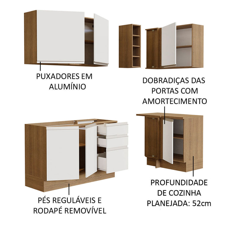 Armário de Cozinha Compacta de Canto 269cm Rustic/Branco Glamy Madesa 01