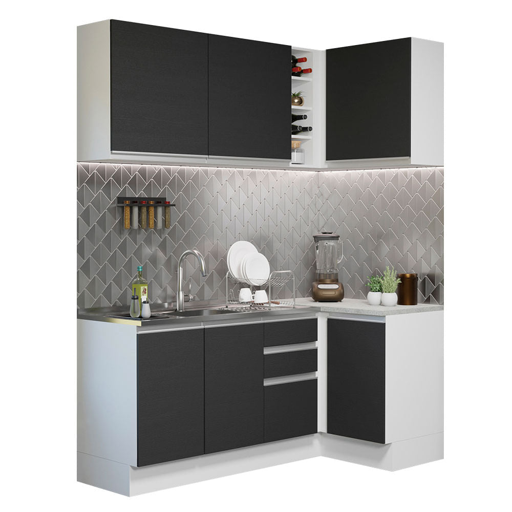 Armário de Cozinha Compacta de Canto 269cm Branco/Preto Glamy Madesa 01 - Branco/Preto