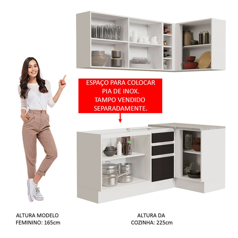 Armário de Cozinha Compacta de Canto 269cm Branco/Preto Glamy Madesa 01