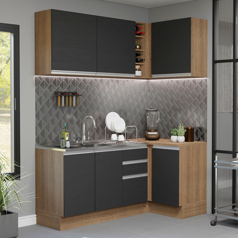 Armário de Cozinha Compacta de Canto 269cm Rustic/Preto Glamy Madesa 01