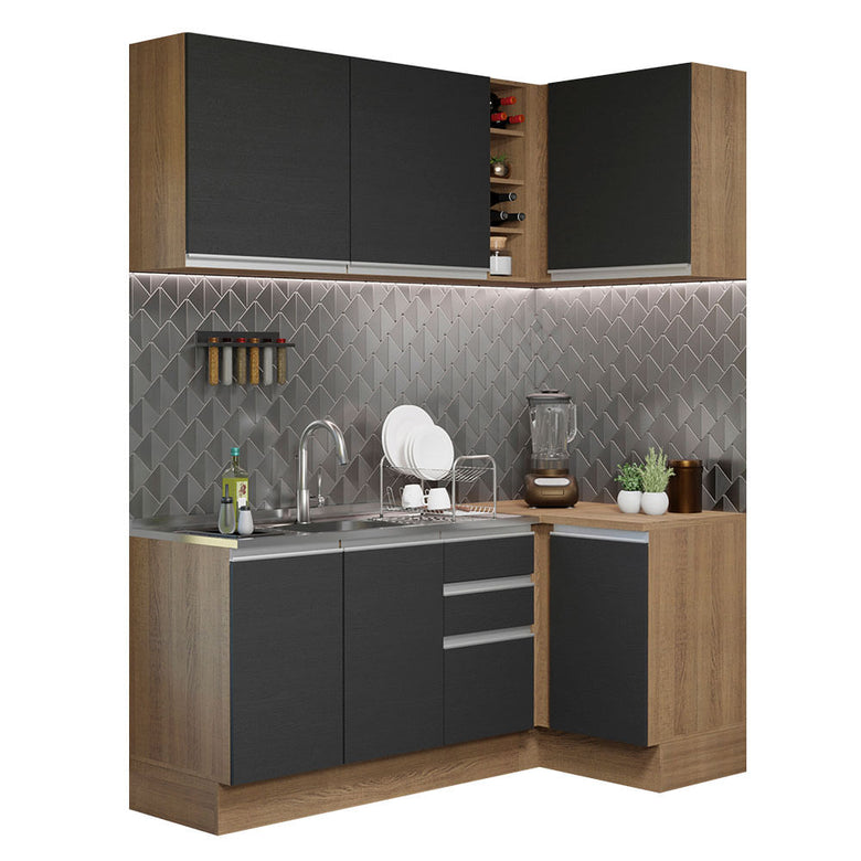 Armário de Cozinha Compacta de Canto 269cm Rustic/Preto Glamy Madesa 01