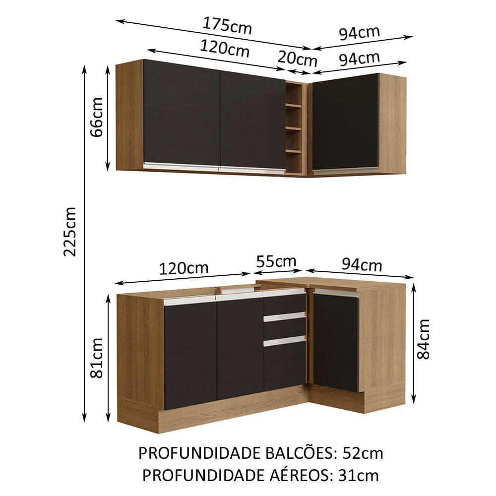 Armário de Cozinha Compacta de Canto 269cm Rustic/Preto Glamy Madesa 01