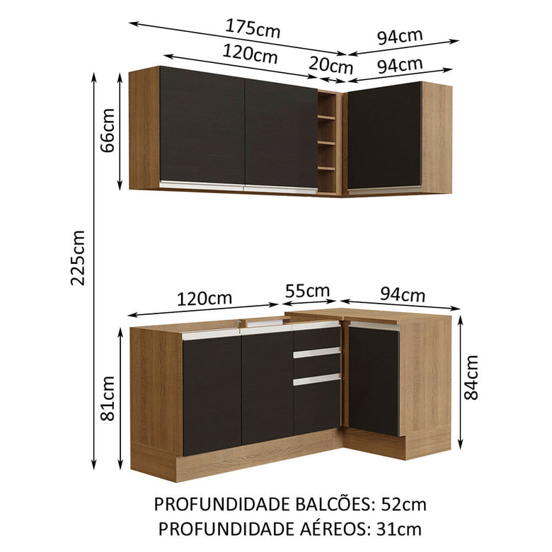 Armário de Cozinha Compacta de Canto 269cm Rustic/Preto Glamy Madesa 01