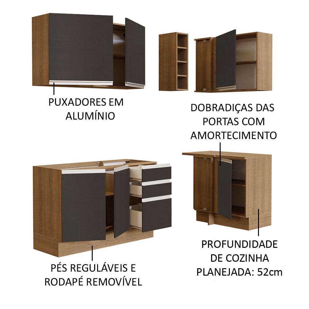 Armário de Cozinha Compacta de Canto 269cm Rustic/Preto Glamy Madesa 01