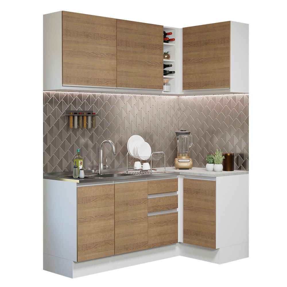 Armário de Cozinha Compacta de Canto 269cm Branco/Rustic Glamy Madesa 01 - Branco/Rustic