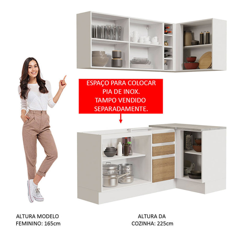 Armário de Cozinha Compacta de Canto 269cm Branco/Rustic Glamy Madesa 01