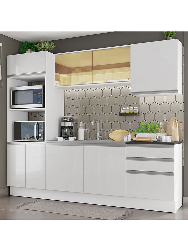Armário de Cozinha Completa 100% MDF 250cm Frentes Branco Brilho Acordes Madesa 01