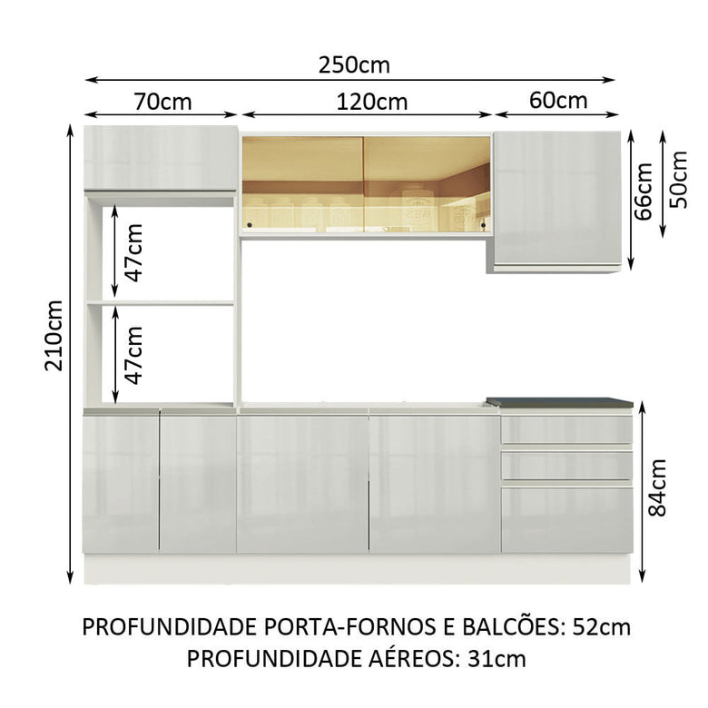 Armário de Cozinha Completa 100% MDF 250cm Frentes Branco Brilho Acordes Madesa 01