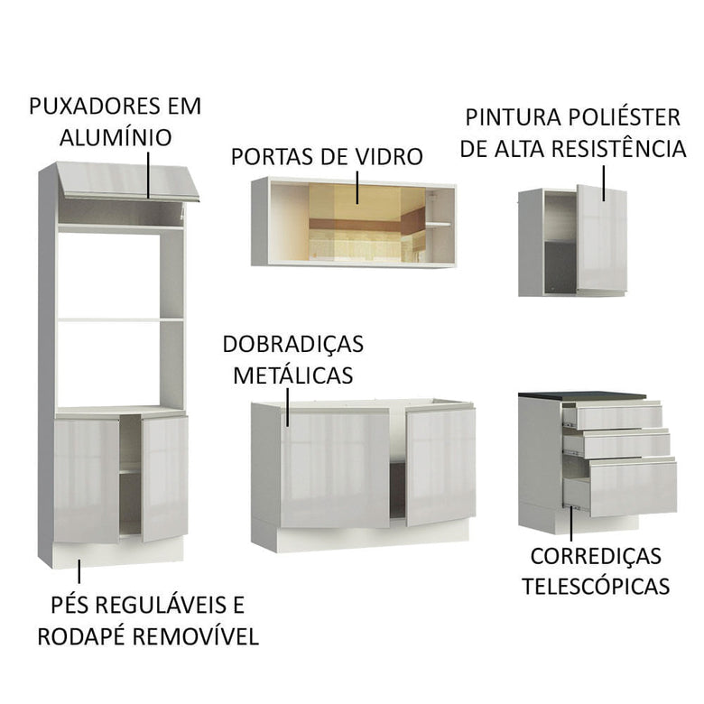 Armário de Cozinha Completa 100% MDF 250cm Frentes Branco Brilho Acordes Madesa 01
