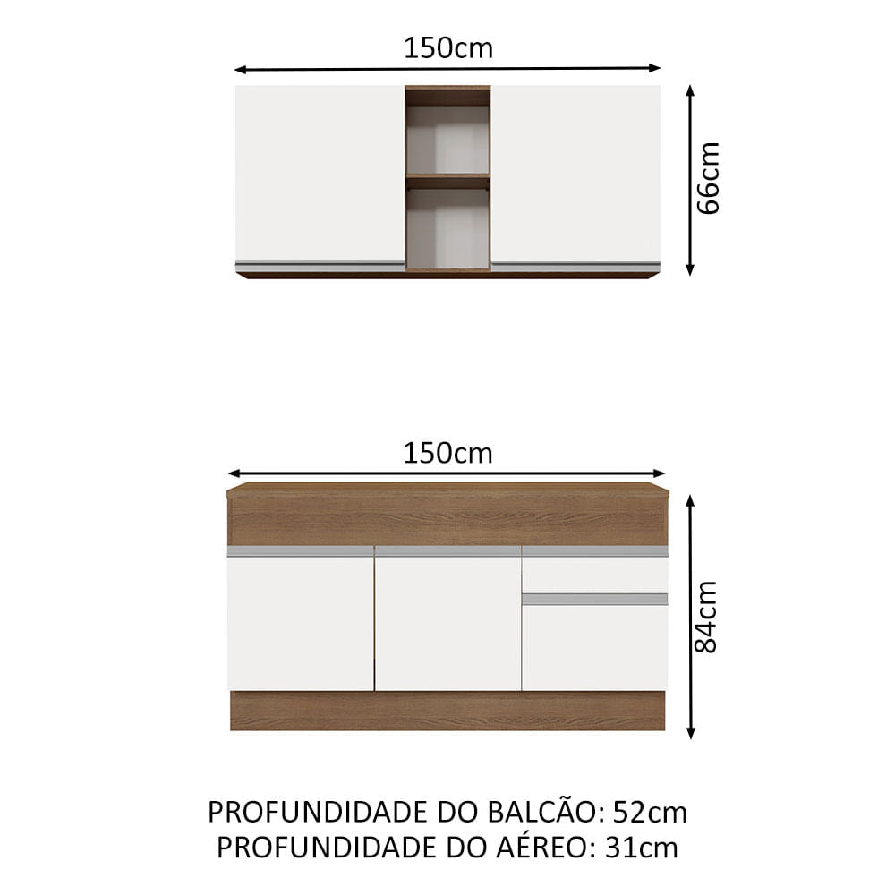 Armário de Cozinha Compacta 150cm Rustic/Branco Glamy Madesa 01