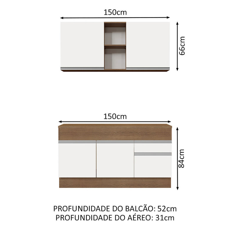 Armário de Cozinha Compacta 150cm Rustic/Branco Glamy Madesa 01