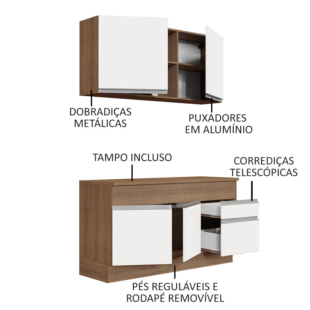 Armário de Cozinha Compacta 150cm Rustic/Branco Glamy Madesa 01