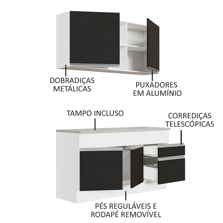 Armário de Cozinha Compacta 150cm Branco/Preto Glamy Madesa 01