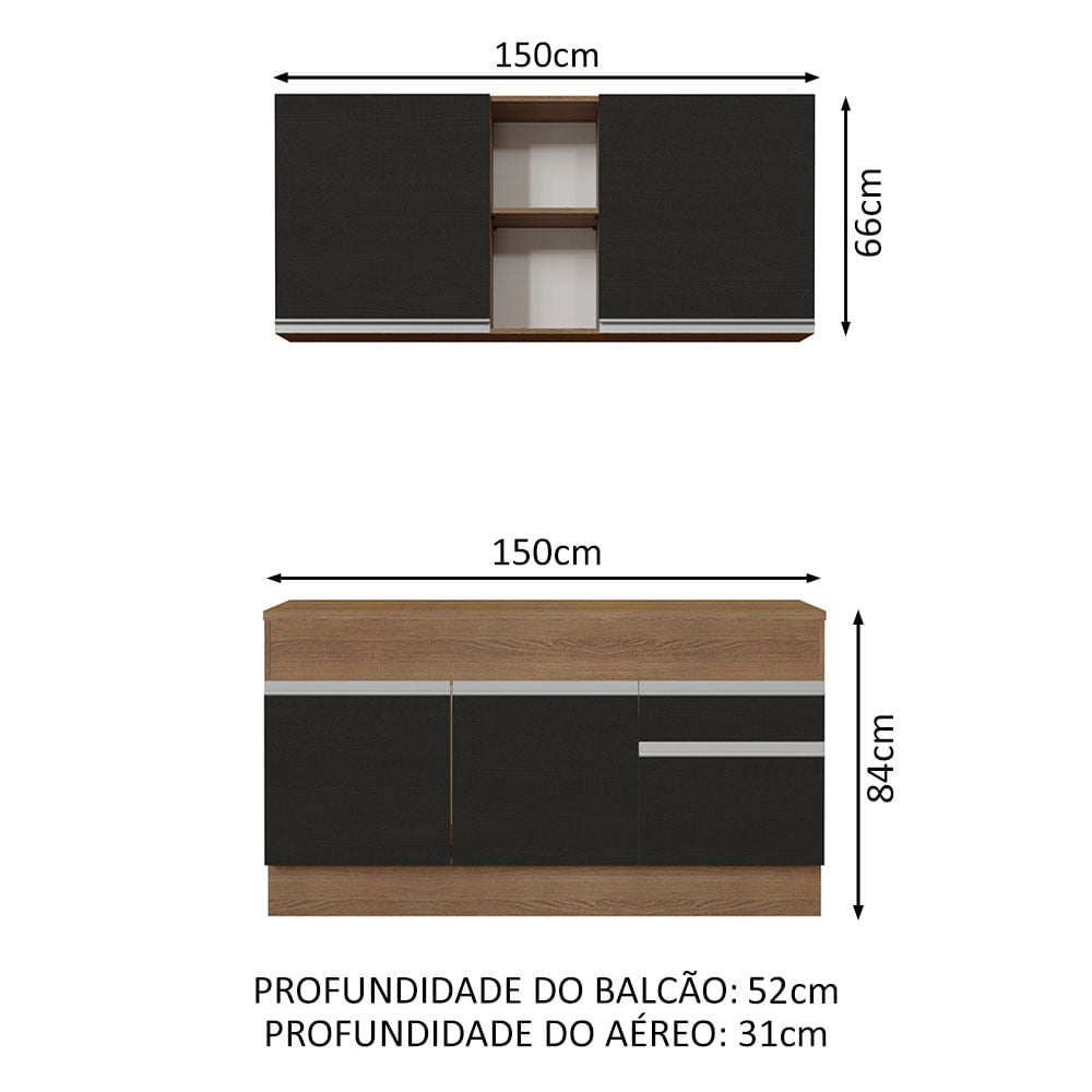 Armário de Cozinha Compacta 150cm Rustic/Preto Glamy Madesa 01