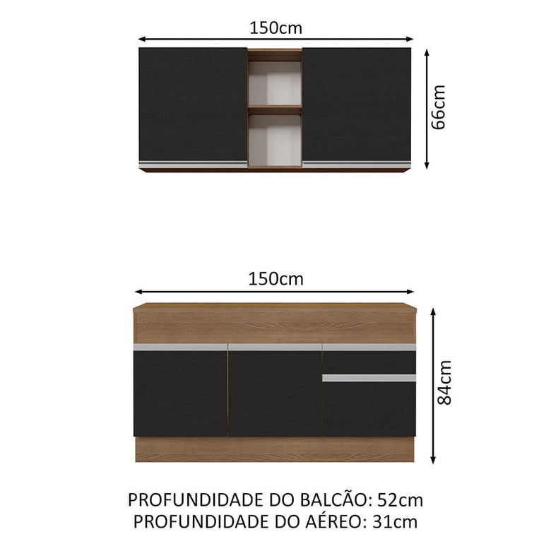 Armário de Cozinha Compacta 150cm Rustic/Preto Glamy Madesa 01