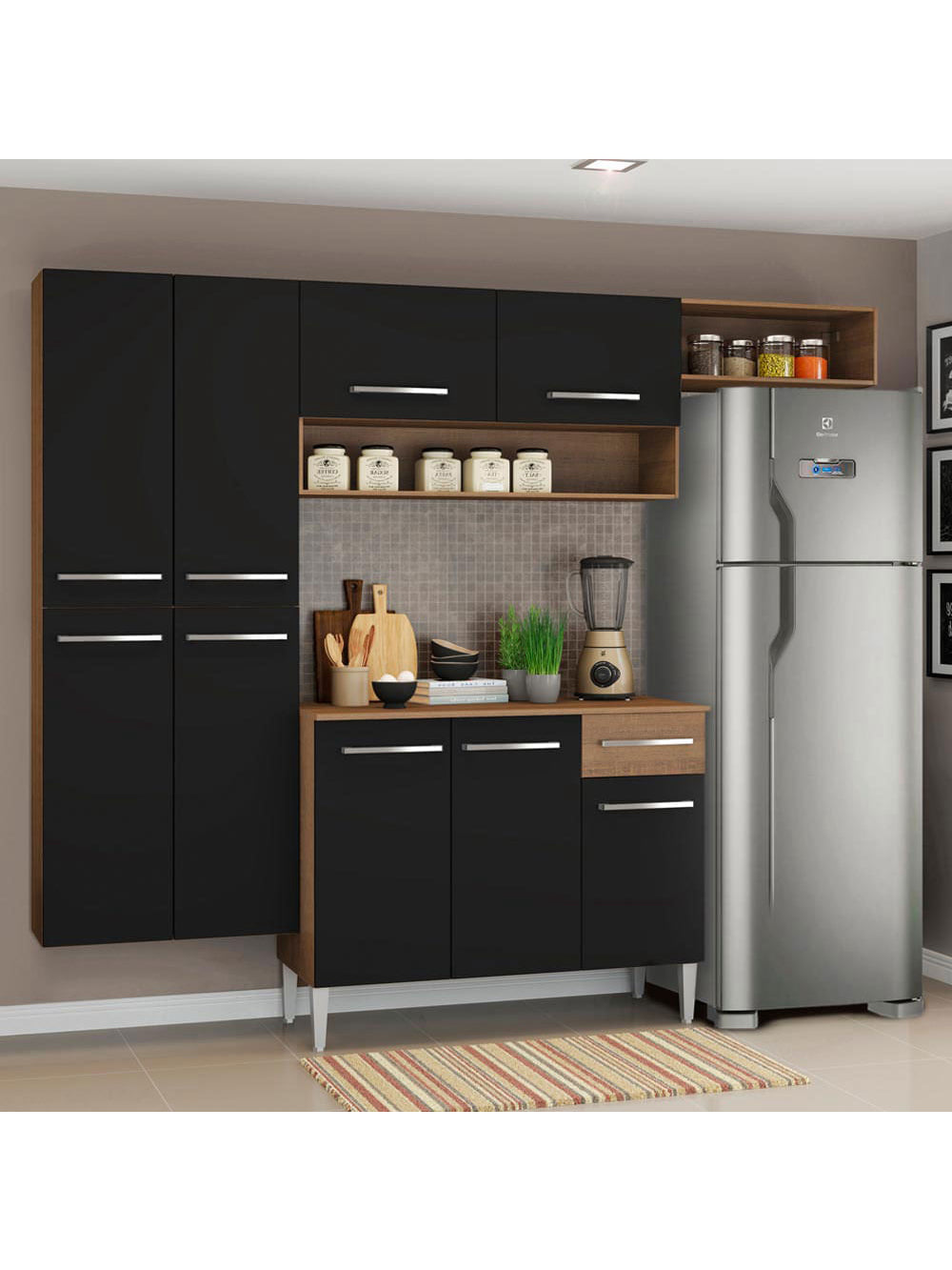 Armário de Cozinha Completa 229cm Rustic/Preto Emilly Fit Madesa 03 - Rustic/Preto