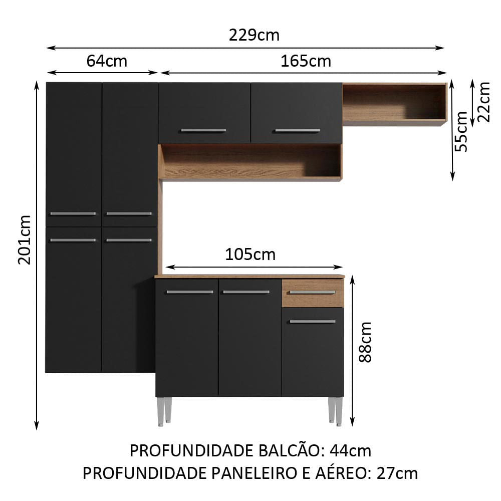 Armário de Cozinha Completa 229cm Rustic/Preto Emilly Fit Madesa 03