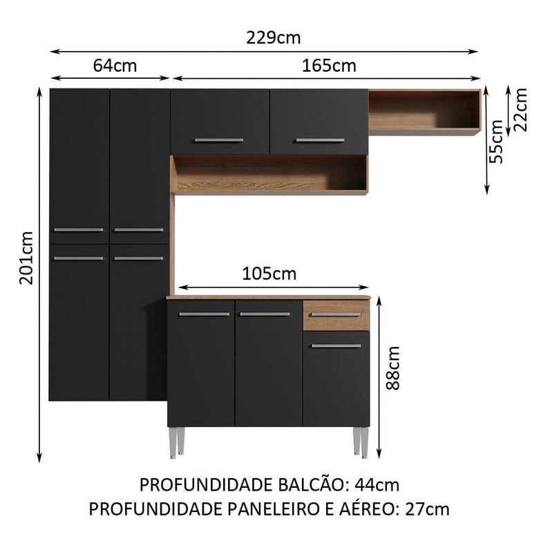 Armário de Cozinha Completa 229cm Rustic/Preto Emilly Fit Madesa 03