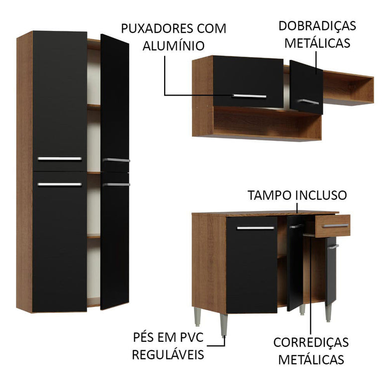 Armário de Cozinha Completa 229cm Rustic/Preto Emilly Fit Madesa 03