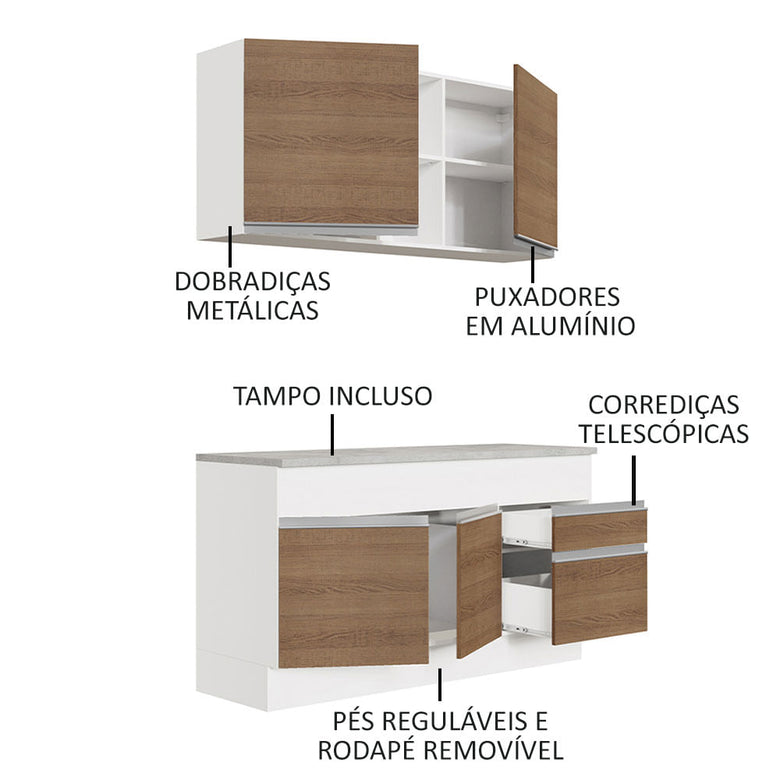 Armário de Cozinha Compacta 150cm Branco/Rustic Glamy Madesa 01