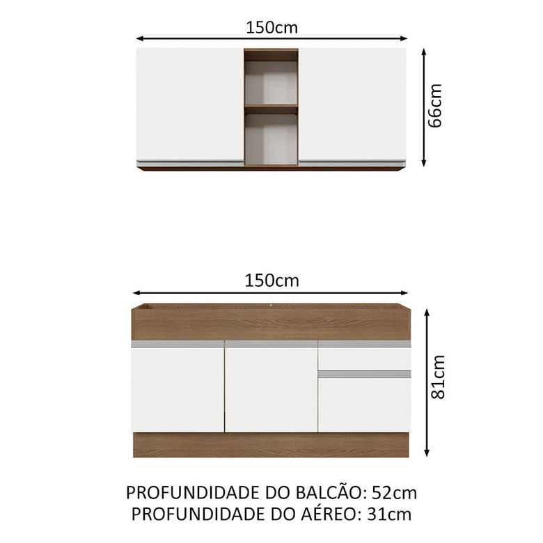 Armário de Cozinha Compacta 150cm Rustic/Branco Glamy Madesa 02