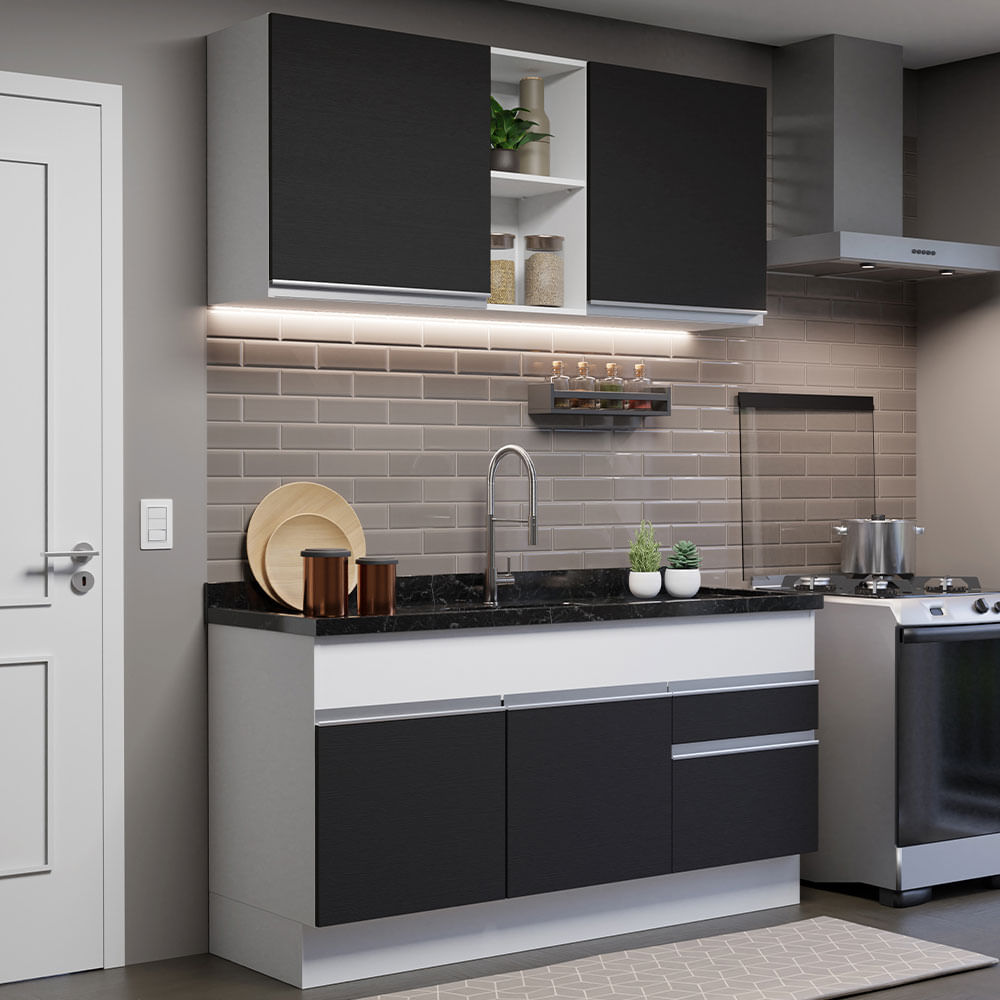 Armário de Cozinha Compacta 150cm Branco/Preto Glamy Madesa 02 - Branco/Preto