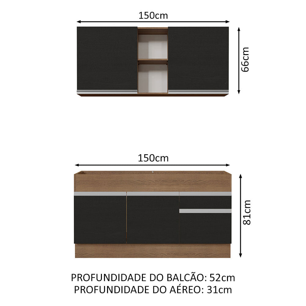 Armário de Cozinha Compacta 150cm Rustic/Preto Glamy Madesa 02