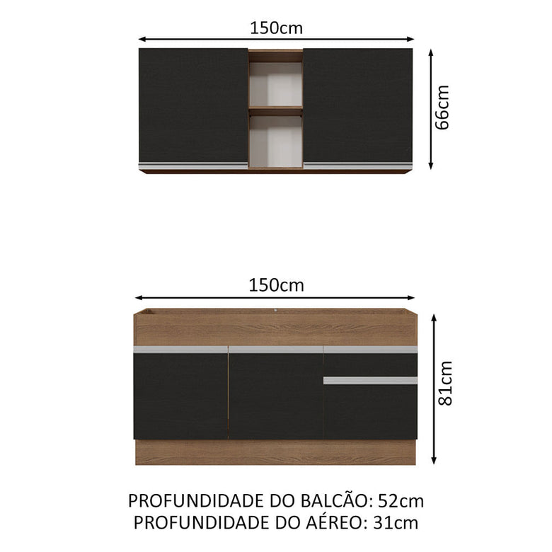 Armário de Cozinha Compacta 150cm Rustic/Preto Glamy Madesa 02