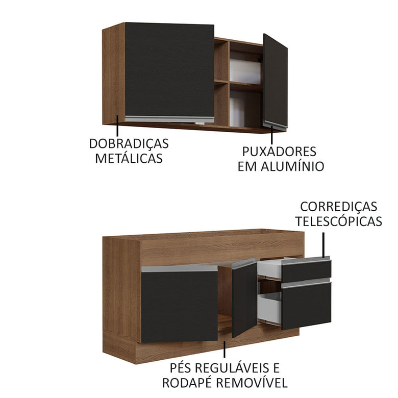 Armário de Cozinha Compacta 150cm Rustic/Preto Glamy Madesa 02