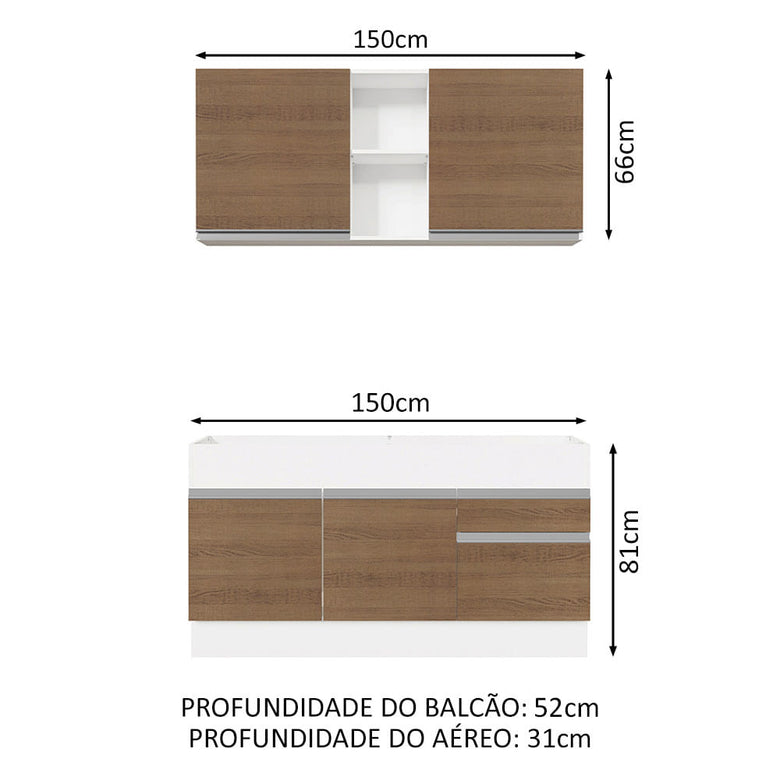 Armário de Cozinha Compacta 150cm Branco/Rustic Glamy Madesa 02