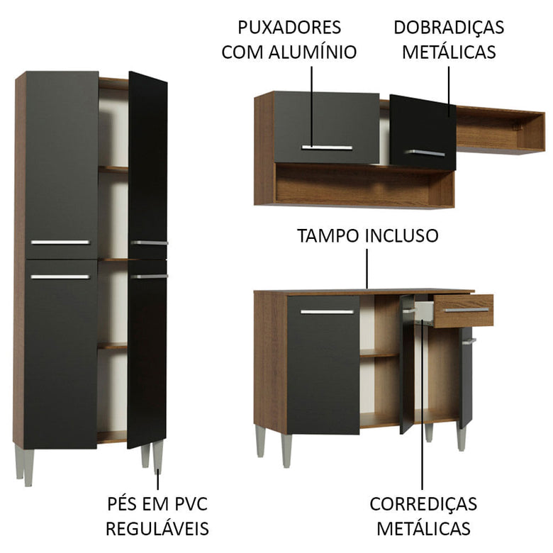 Armário de Cozinha Compacta Rustic/Preto Emilly Top Madesa