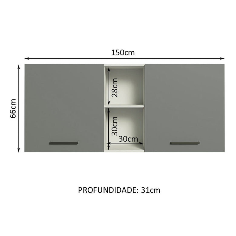 Armário Aéreo Madesa Agata 150 cm 2 Portas e 2 Nichos Branco/Cinza