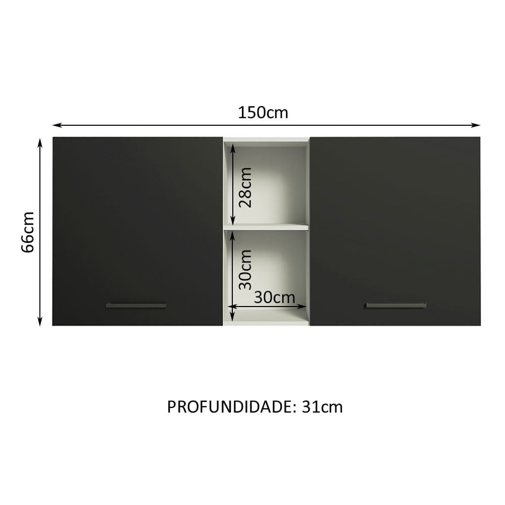 Armário Aéreo Madesa Agata 150 cm 2 Portas e 2 Nichos Branco/Preto - Branco/Preto