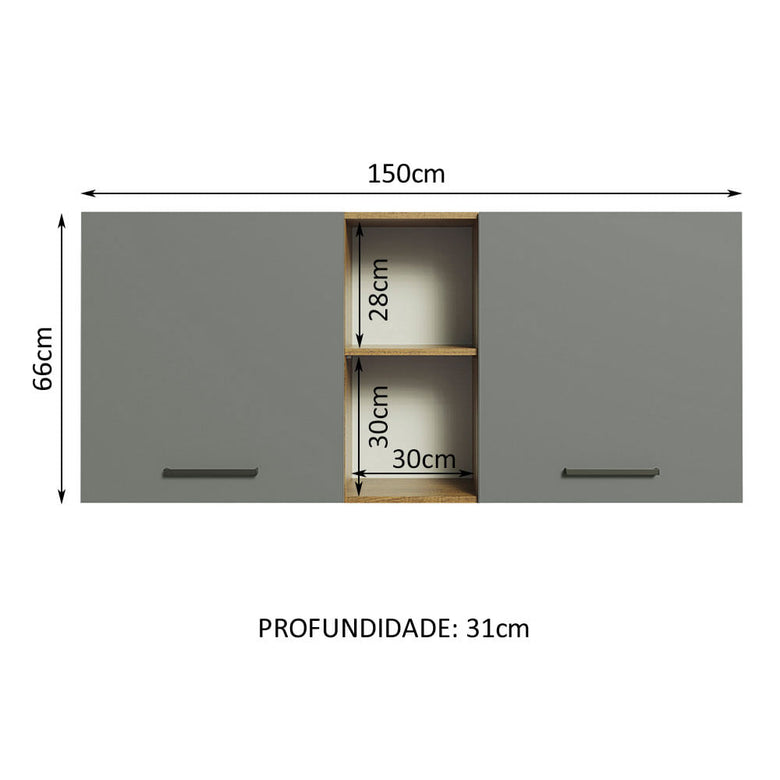 Armário Aéreo Madesa Agata 150 cm 2 Portas e 2 Nichos Rustic/Cinza
