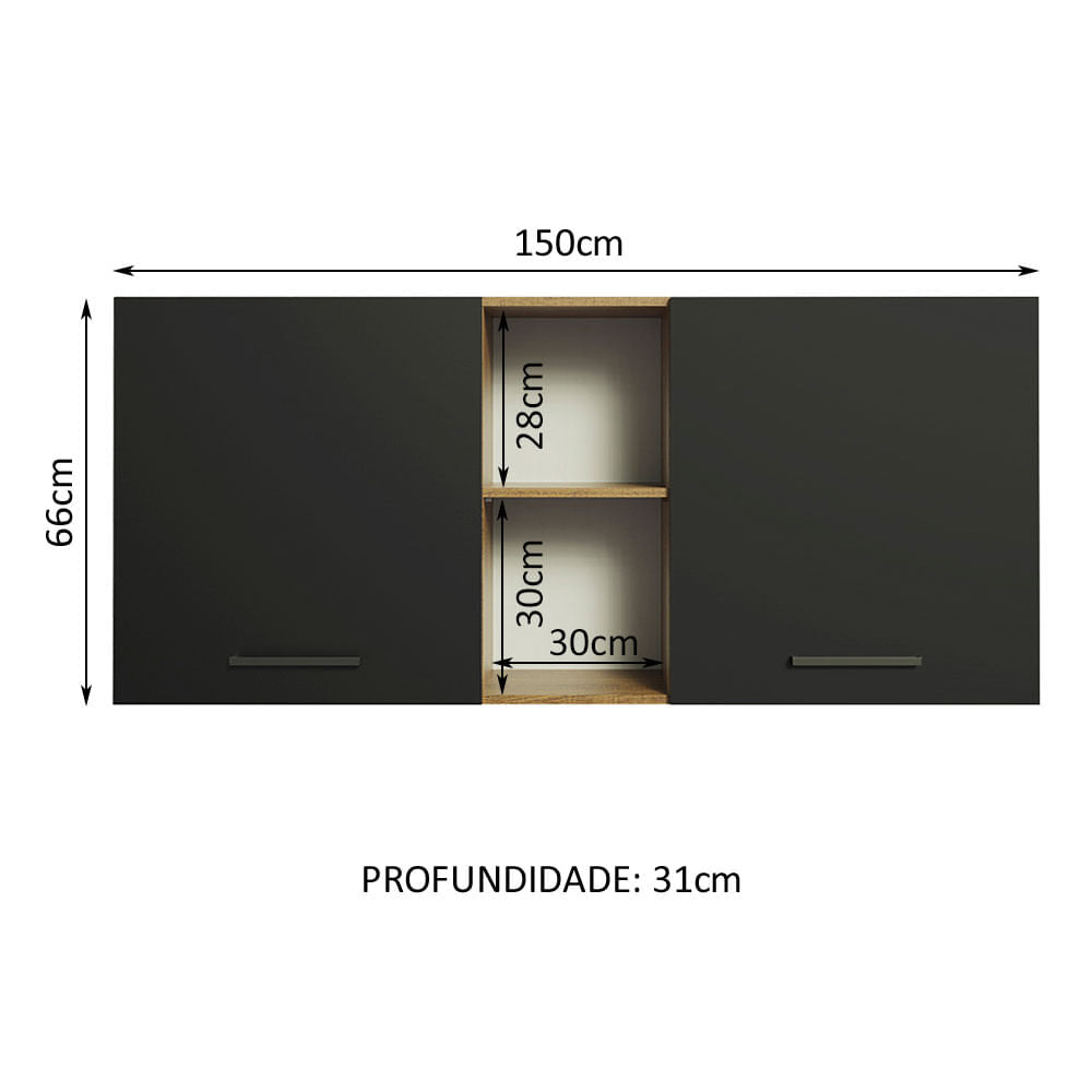 Armário Aéreo Madesa Agata 150 cm 2 Portas e 2 Nichos Rustic/Preto - Rustic/Preto