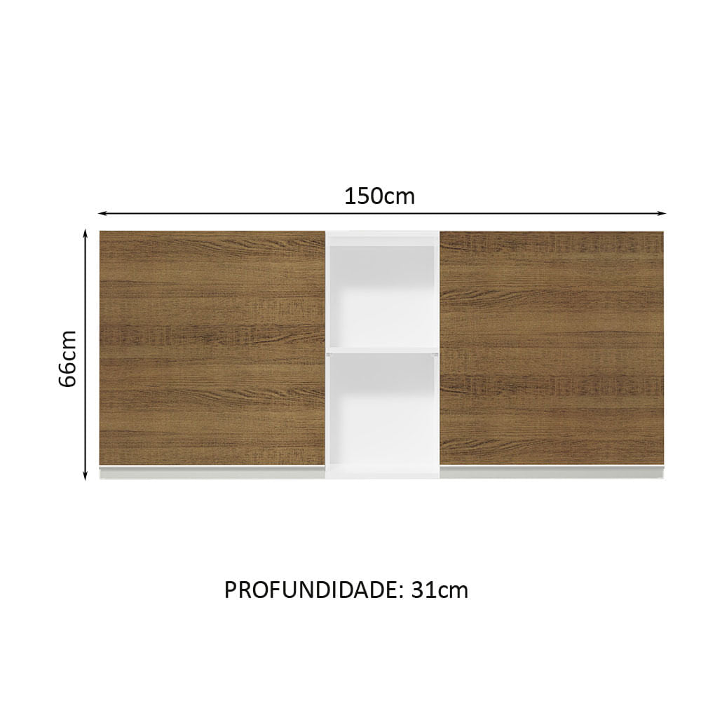Armário Aéreo Madesa Glamy 150 cm 2 Portas e 2 Nichos Branco/Rustic - Branco/Rustic