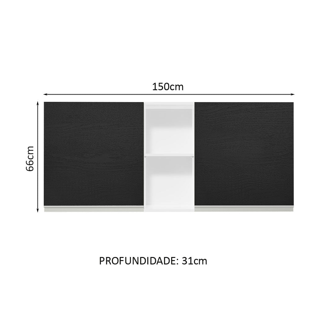 Armário Aéreo Madesa Glamy 150 cm 2 Portas e 2 Nichos Branco/Preto - Branco/Preto