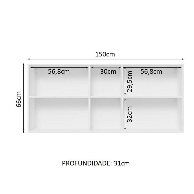 Armário Aéreo Madesa Glamy 150 cm 2 Portas e 2 Nichos Branco/Preto