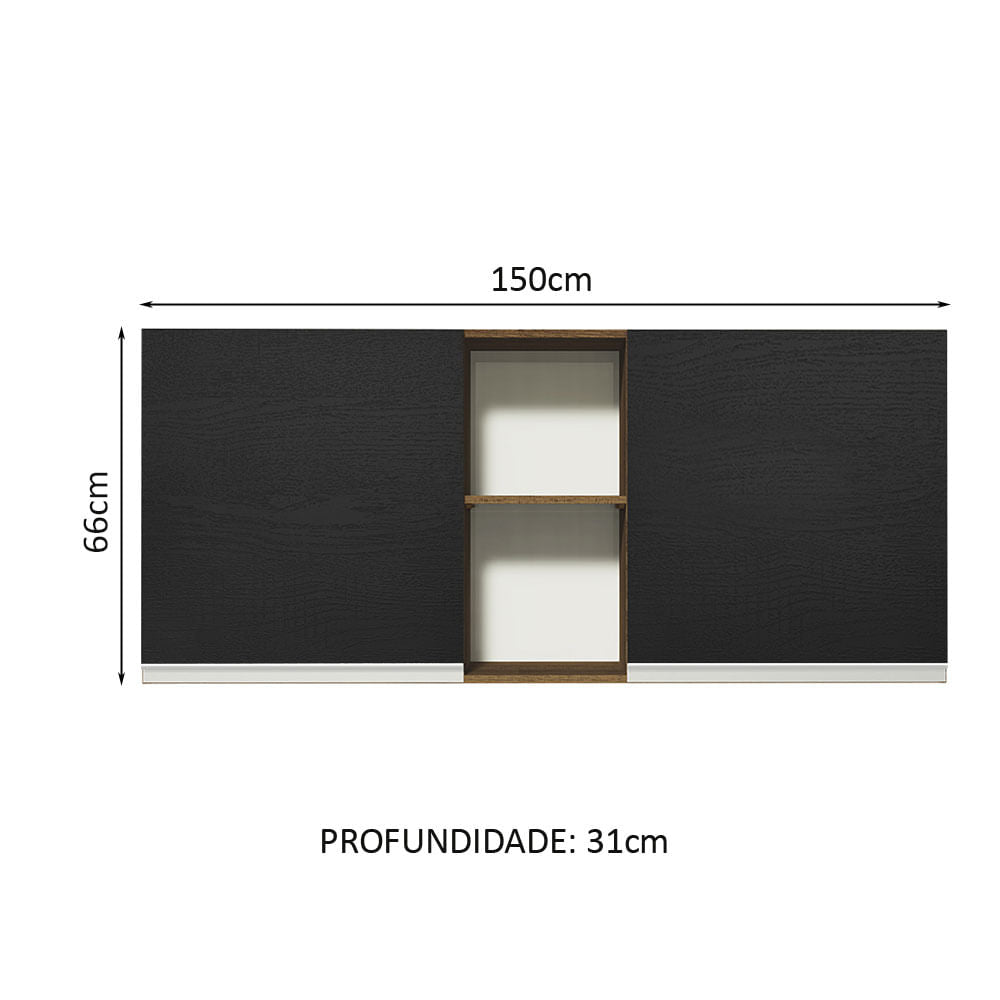 Armário Aéreo Madesa Glamy 150 cm 2 Portas e 2 Nichos Rustic/Preto - Rustic/Preto