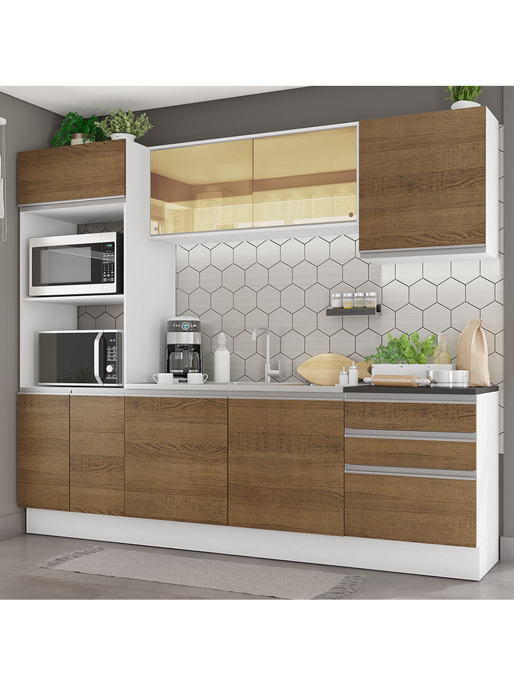 Armário de Cozinha Completa 100% MDF 250cm Branco/Rustic Acordes Madesa 01 - Branco/Rustic