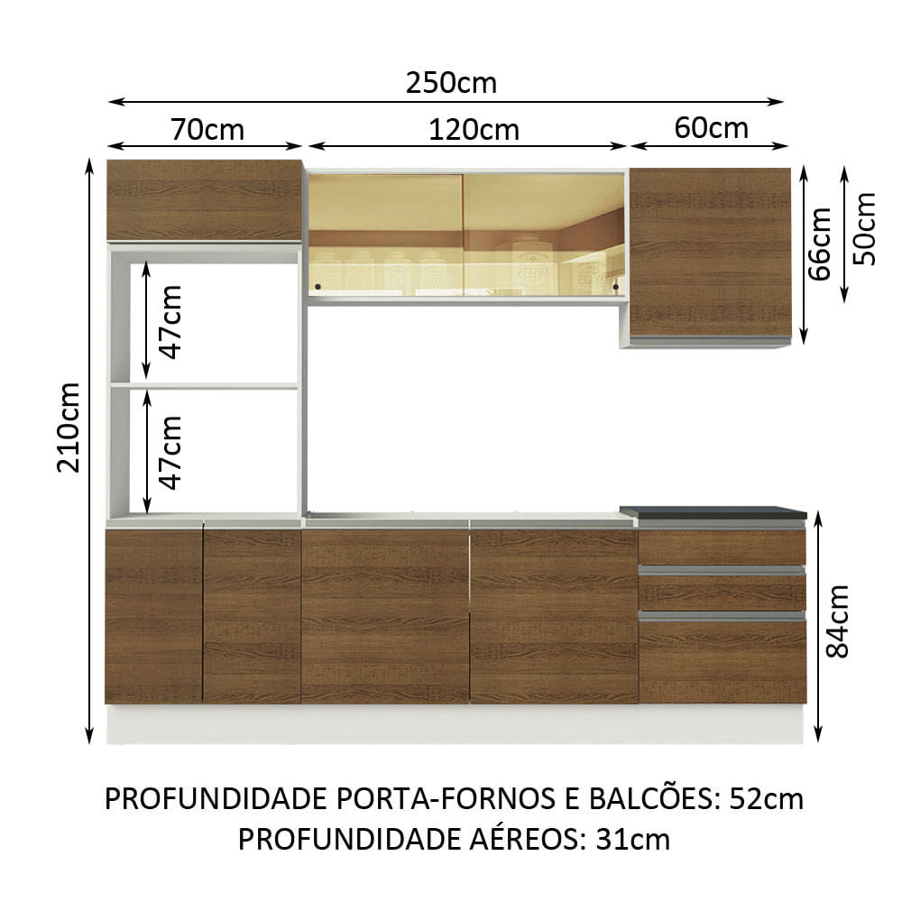 Armário de Cozinha Completa 100% MDF 250cm Branco/Rustic Acordes Madesa 01